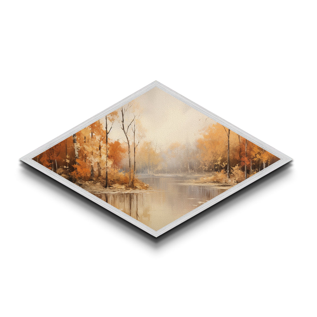 Autumn River Mist Diamond Shaped Canvas Textured Print fall foliage forest lake reflection tranquil landscape nature orange wall decor
