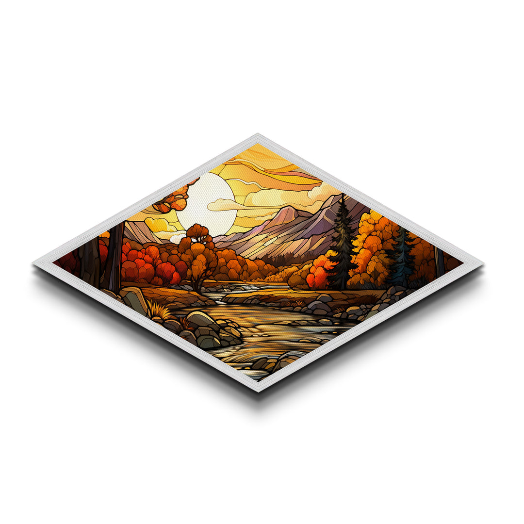 Diamond Shaped Autumn Gold Forest Canvas Textured Print Fall Leaves Landscape Misty Woodland Home Wall Decor Seasonal Nature Scene