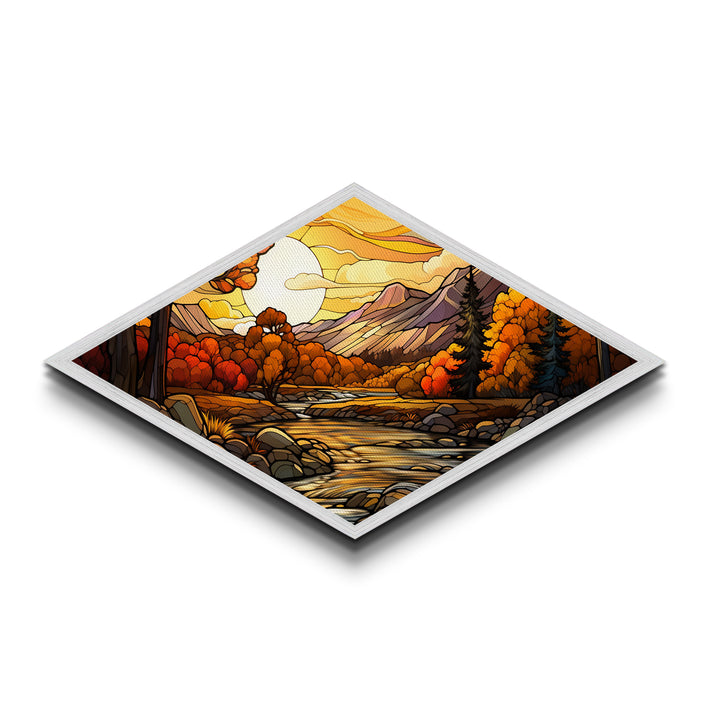 Diamond Shaped Autumn Gold Forest Canvas Textured Print Fall Leaves Landscape Misty Woodland Home Wall Decor Seasonal Nature Scene