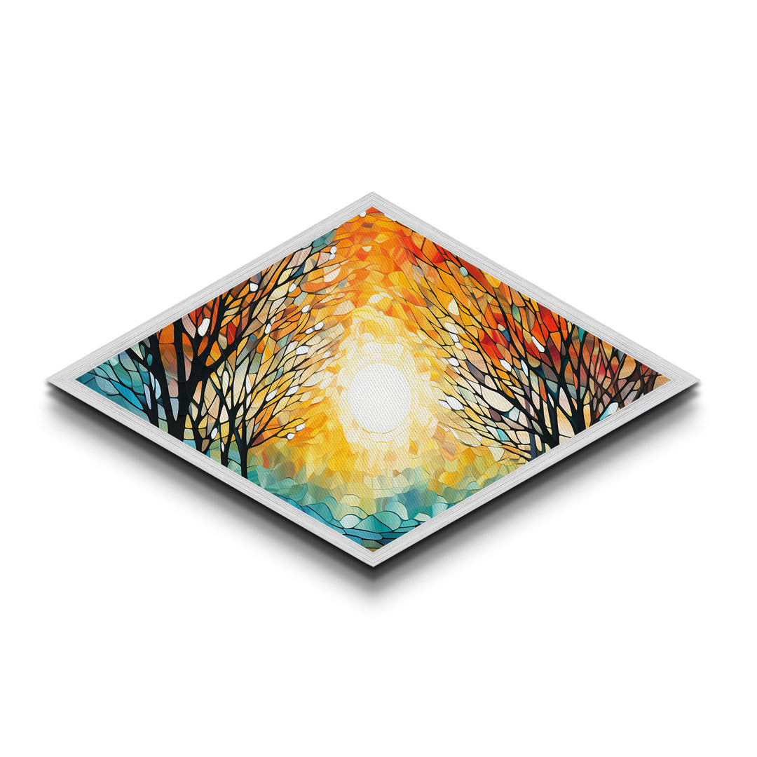 Diamond Shaped Sunset Tree Light Canvas Embossed Print Autumn Forest Stained Glass Style Landscape Wall Art Golden Hour Illumination