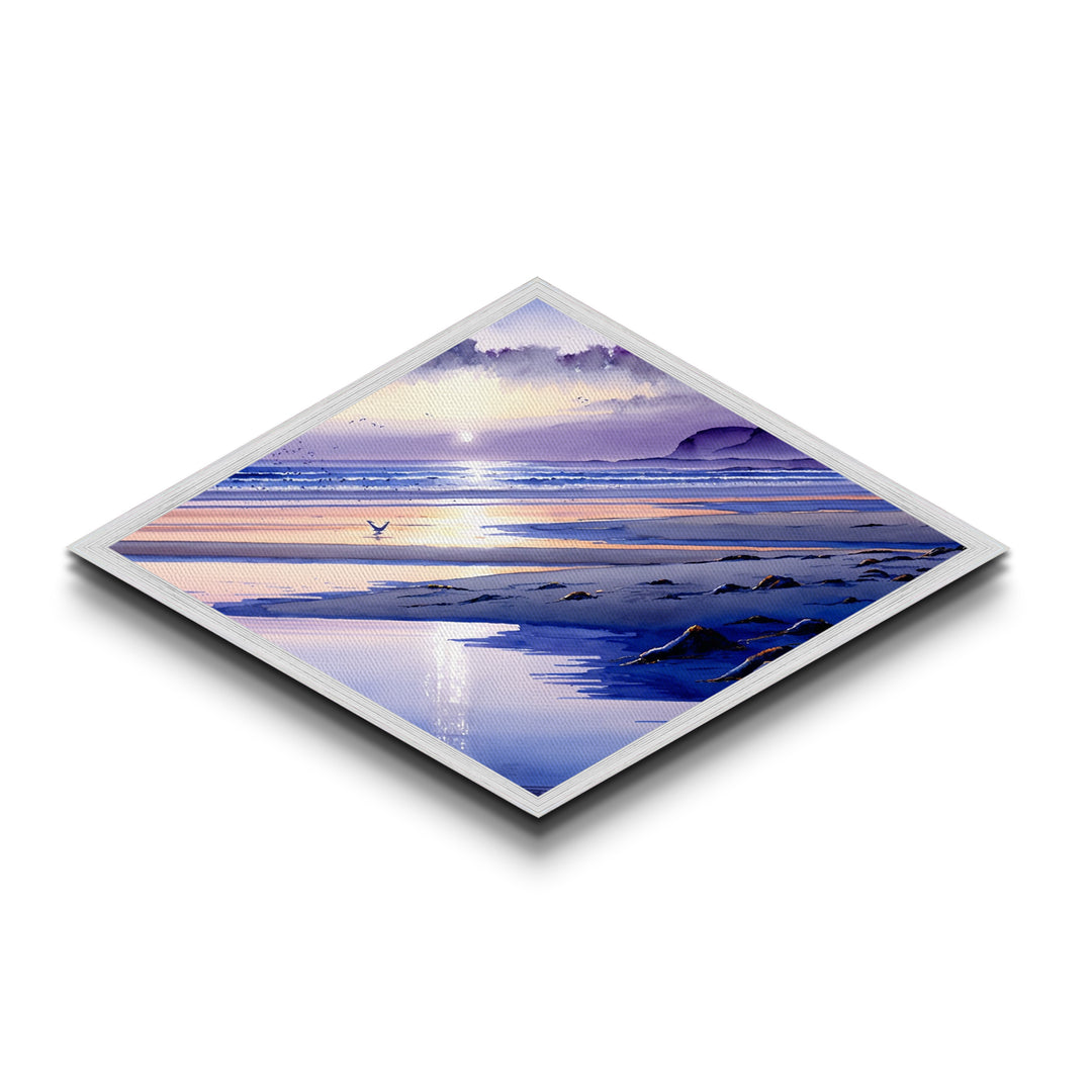 Pastel Coast Horizon – Diamond Shaped Tranquil Beach Scene, Serene Seaside Canvas Textured Print, Watercolor Ocean Wall Art