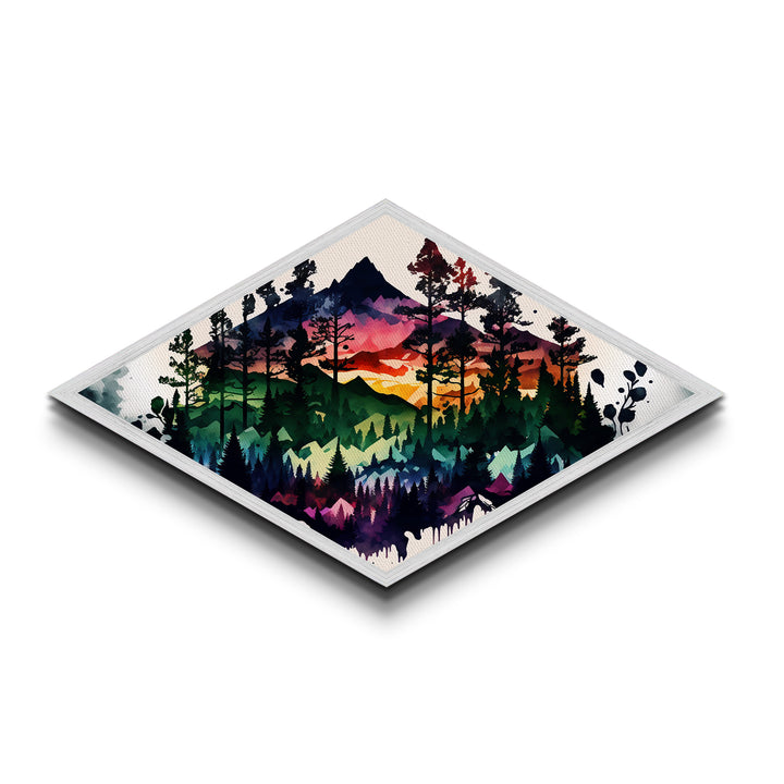 Vibrant Forest Silhouette – Diamond Shaped Mountain Sunset Canvas Textured Print, Abstract Nature Landscape Wall Art