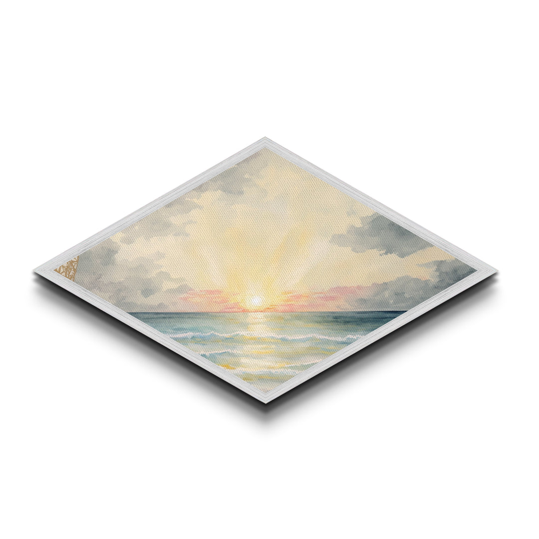 Serene Ocean Light – Diamond Shaped Pastel Seascape Canvas Textured Print, Soothing Sky and Waves Wall Decor Piece