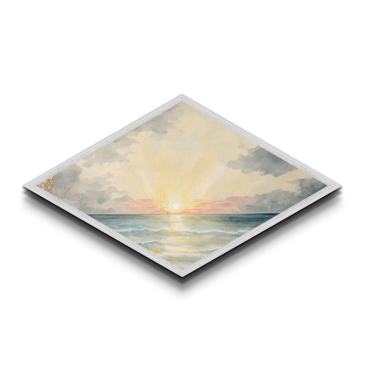 Serene Ocean Light – Diamond Shaped Pastel Seascape Canvas Textured Print, Soothing Sky and Waves Wall Decor Piece