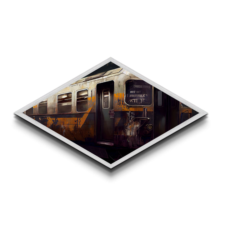 Rusted Transit Car – Diamond Shaped Urban Grunge Train Canvas Art Print, Industrial Railway Wall Decor in Retro Palette