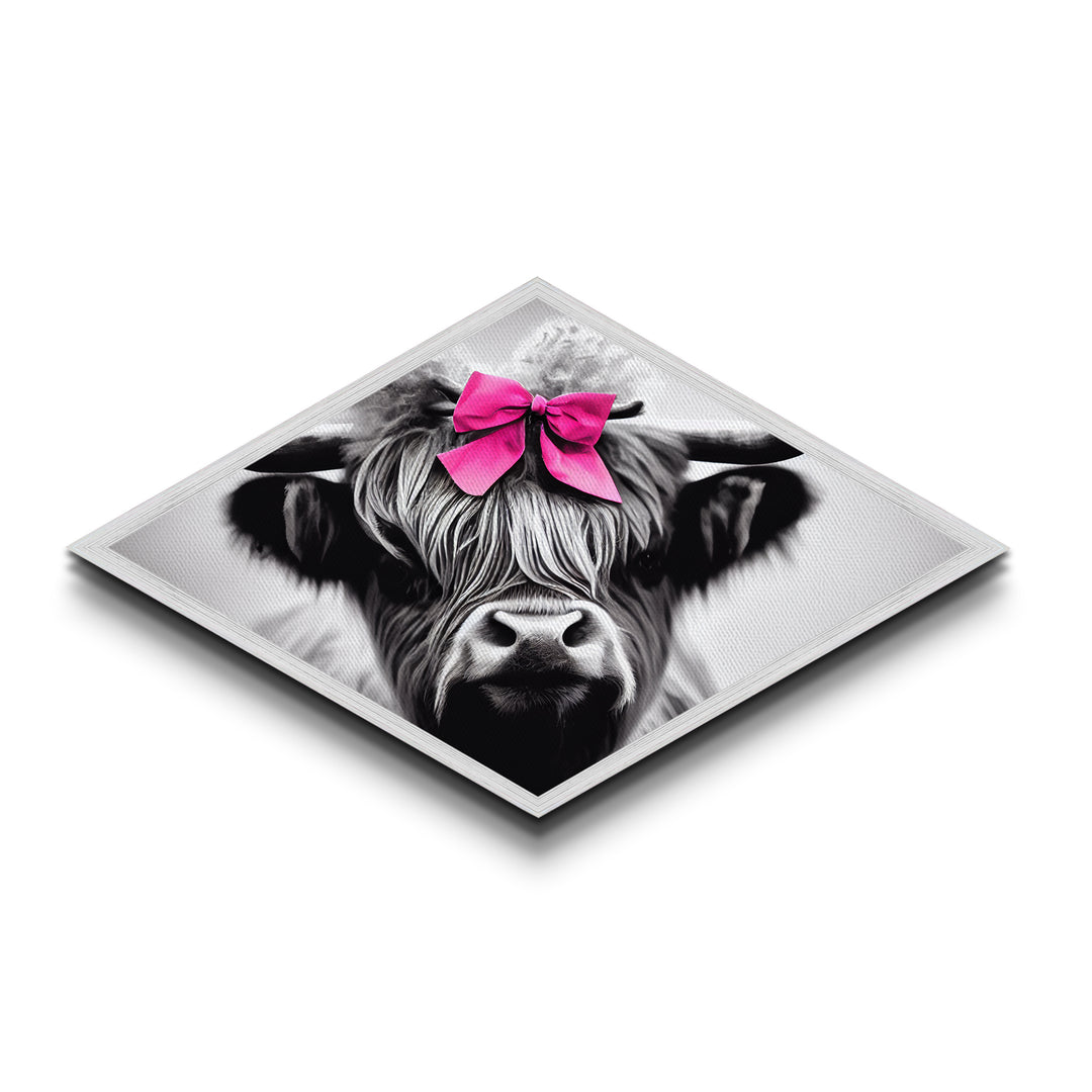 Diamond Shaped Highland Cow — Black and White Animal Portrait Canvas Textured Print, Farmhouse Decor, Pink Bow Nursery Art