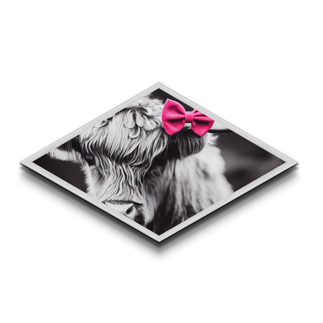 Diamond Shaped Cow Detail — Cute Highland Cow Wall Art Canvas Embossed Print, Rustic Farm Animal Decor, Pink Bow Aesthetic