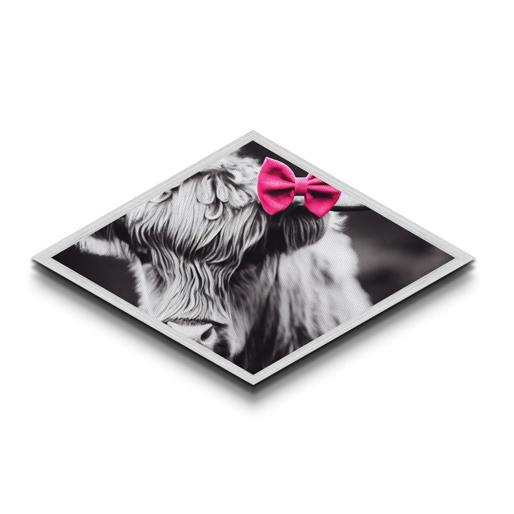 Diamond Shaped Cow Detail — Cute Highland Cow Wall Art Canvas Embossed Print, Rustic Farm Animal Decor, Pink Bow Aesthetic