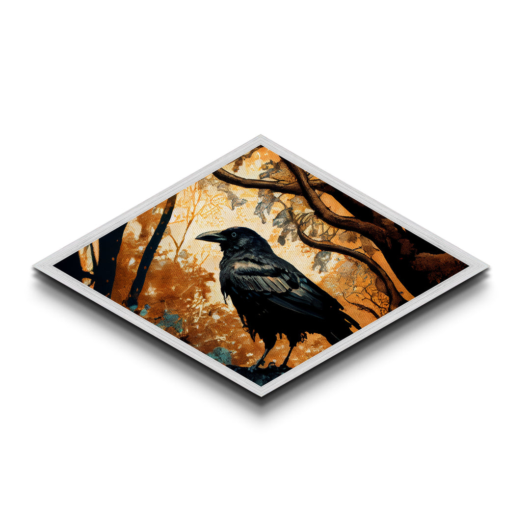 Diamond Shaped Autumn Raven — Dark Forest Bird Art Canvas Embossed Print, Gothic Nature Wall Decor, Mysterious Crow Theme