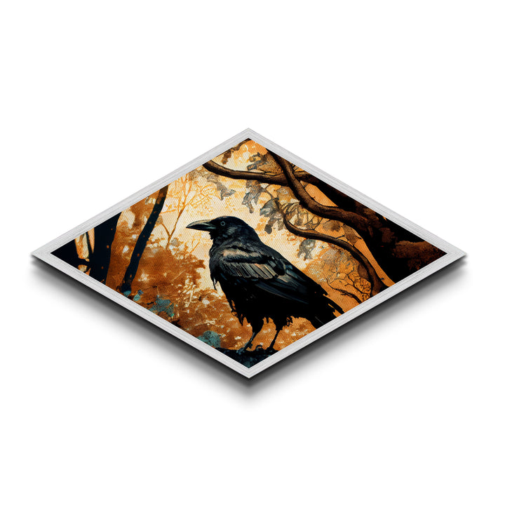 Diamond Shaped Autumn Raven — Dark Forest Bird Art Canvas Embossed Print, Gothic Nature Wall Decor, Mysterious Crow Theme