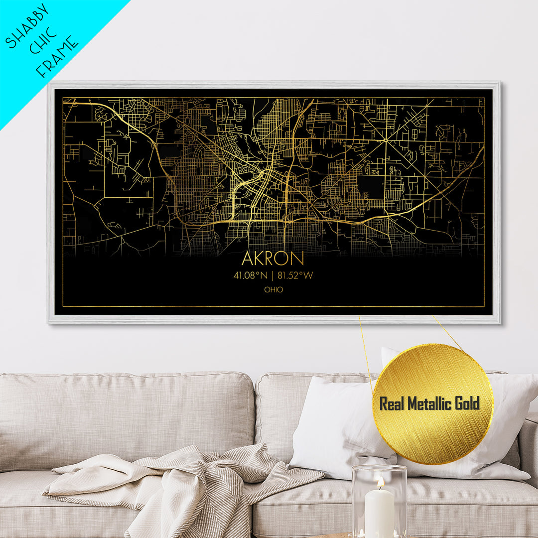 Akron Ohio City street map, Metallic Gold Print, Metal Art, wood framed map, black and gold, Street Map Art, Modern Wall Art, Housewarming Gift