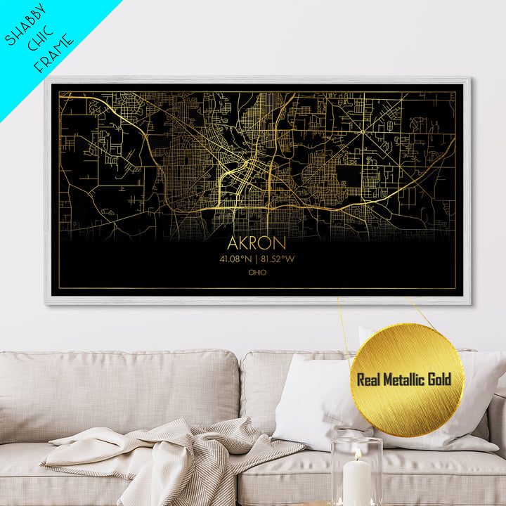 Akron Ohio City street map, Metallic Gold Print, Metal Art, wood framed map, black and gold, Street Map Art, Modern Wall Art, Housewarming Gift