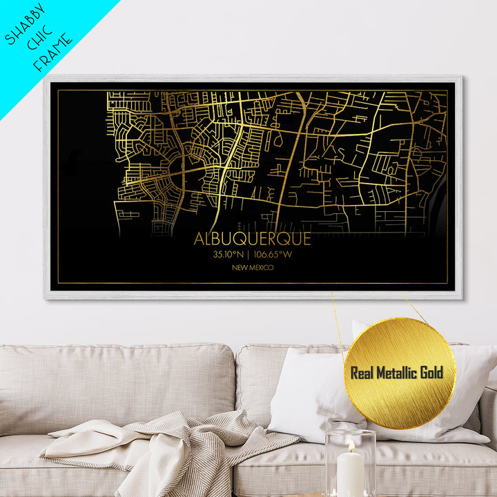 Albuquerque New Mexico City Poster, Metallic Gold Art, Metal Art, real wood frames, black and gold, Street Map Wall Art, Gold Street Map Art