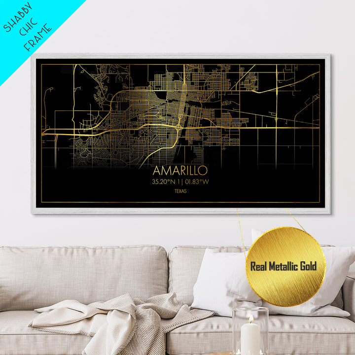 Amarillo Texas City street map, Metallic Gold Print, Metal Art, wood framed map, black and gold, Street Map Art, Minimalist Wall Art, Modern House Art