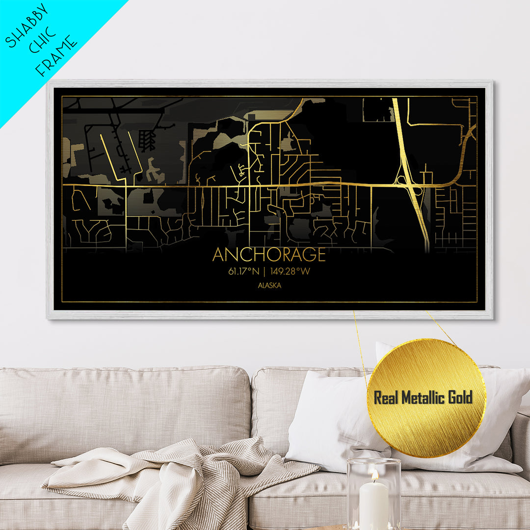 Anchorage Alaska City street map, Metallic Gold Print, Metal Art, wood framed map, black and gold, Street Map Wall Art, Best Friend Gifts, Modern Wall Art