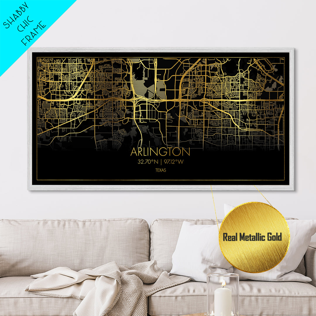 Arlington Texas City Poster, Metallic Gold Art, Metal Art, real wood frames, black and gold, Street Map Art, College Dorm Décor, Wall Art, Map Art