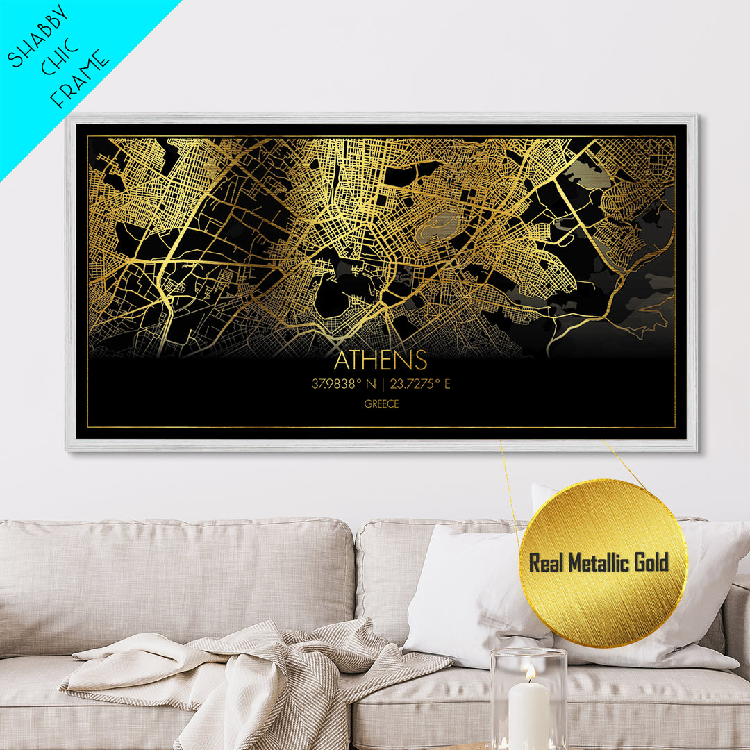 Athens Greece City street map, Metallic Gold Print, Metal Art, wood framed map, black and gold, Street Map Art, Housewarming Gift, Travel Poster