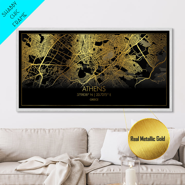 Athens Greece City street map, Metallic Gold Print, Metal Art, wood framed map, black and gold, Street Map Art, Housewarming Gift, Travel Poster