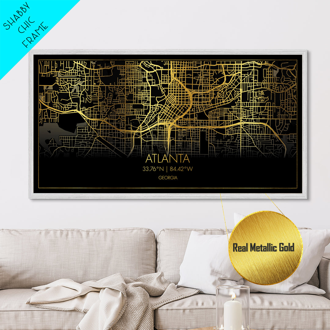 Atlanta Georgia City Poster, Metallic Gold Art, Metal Art, real wood frames, black and gold, Street Map Wall Art, Office Decor, Real Wood Frames