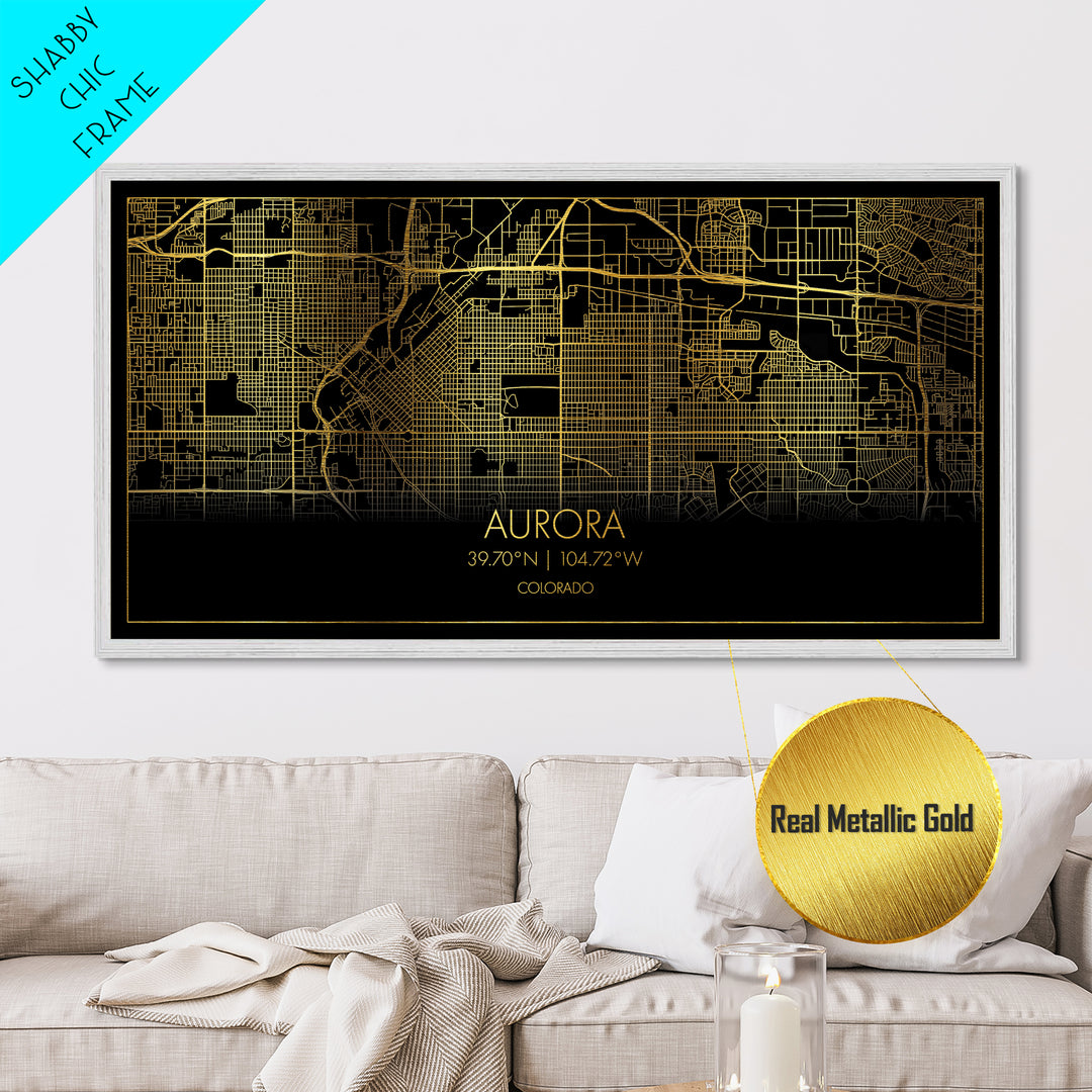 Aurora Colorado City Poster, Metallic Gold Art, Metal Art, real wood frames, black and gold, Street Map Art, Travel Poster, Gold Street Map Art