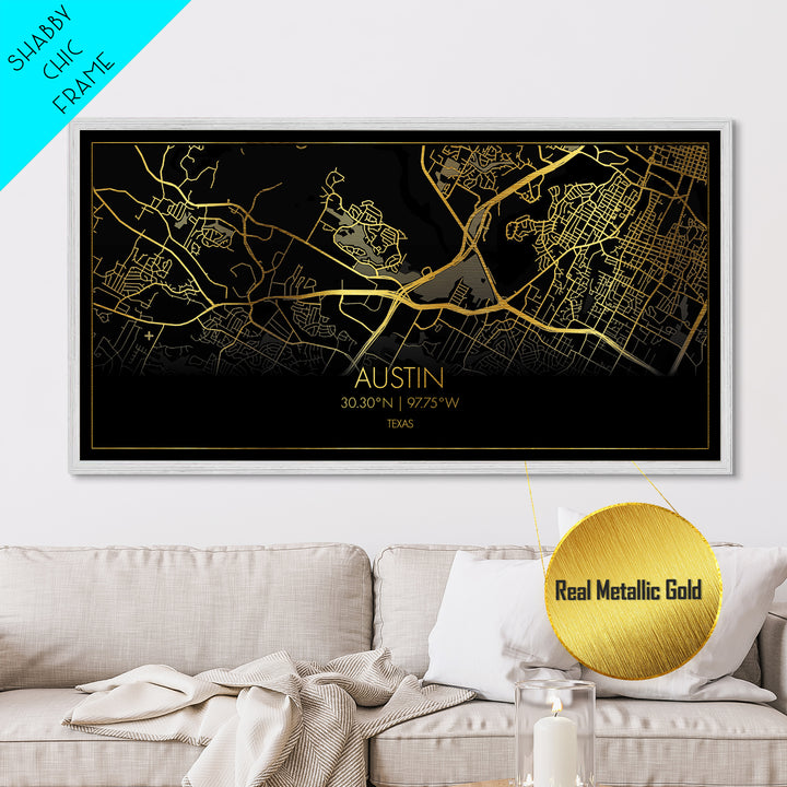 Austin Texas City Poster, Metallic Gold Art, Metal Art, real wood frames, black and gold, Map Art, Real Wood Frames, Travel Poster, Street Map Art