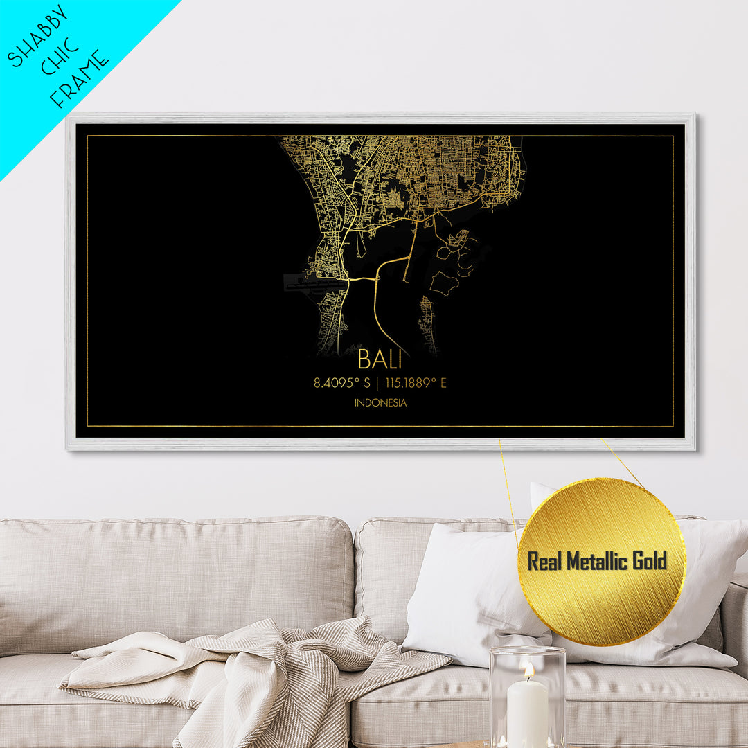 Bali Indonesia City Poster, Metallic Gold Art, Metal Art, real wood frames, black and gold, Travel Poster, Street Map Art, Gold Street Map Art