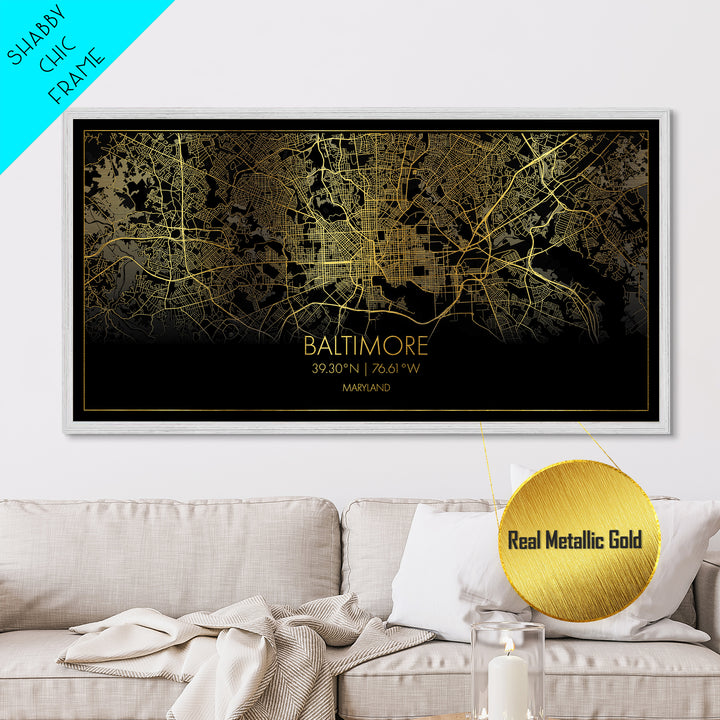 Baltimore Maryland City street map, Metallic Gold Print, Metal Art, wood framed map, black and gold, Street Map Art, Office Decor, Real Wood Frames