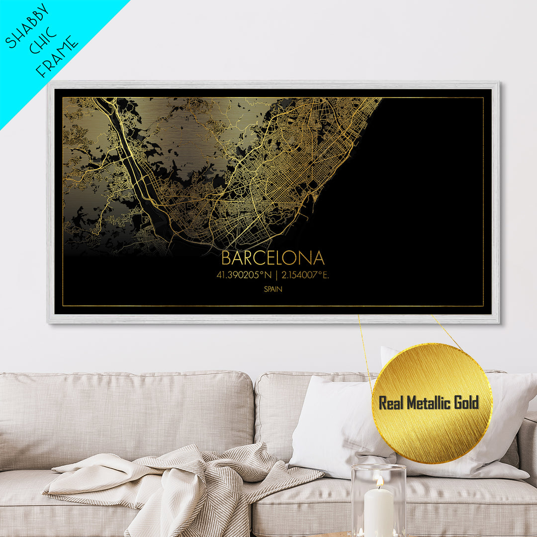Barcelona Spain City street map, Metallic Gold Print, Metal Art, wood framed map, black and gold, Gold Street Map Art, Street Map Art, Modern House Art