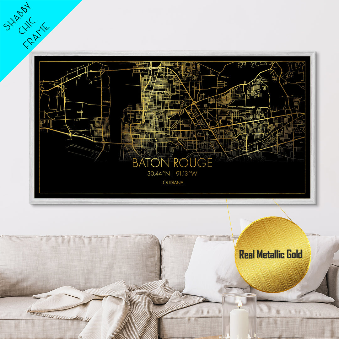 Baton Rouge Louisiana City Poster, Metallic Gold Art, Metal Art, real wood frames, black and gold, Map Print Poster, Travel Poster, Housewarming Gift