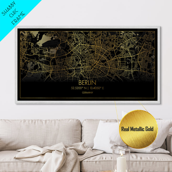Berlin Germany City Poster, Metallic Gold Art, Metal Art, real wood frames, black and gold, Street Map Wall Art, Map Art, Real Wood Frames