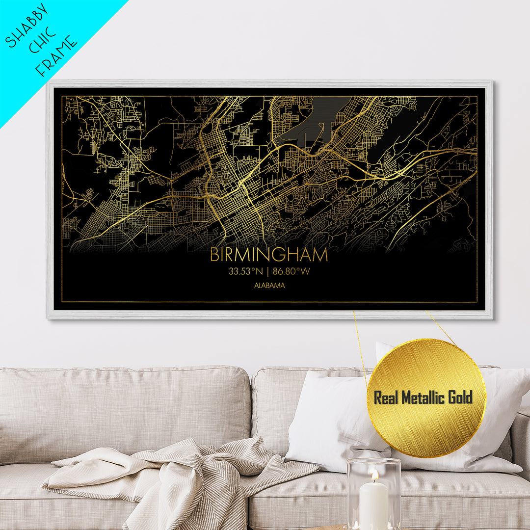Birmingham Alabama City street map, Metallic Gold Print, Metal Art, wood framed map, black and gold, Travel Poster, Street Map Art, Housewarming Gift