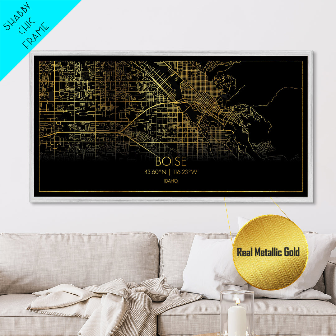 Boise Idaho City street map, Metallic Gold Print, Metal Art, wood framed map, black and gold, Map Art, Street Map Wall Art, College Dorm Décor