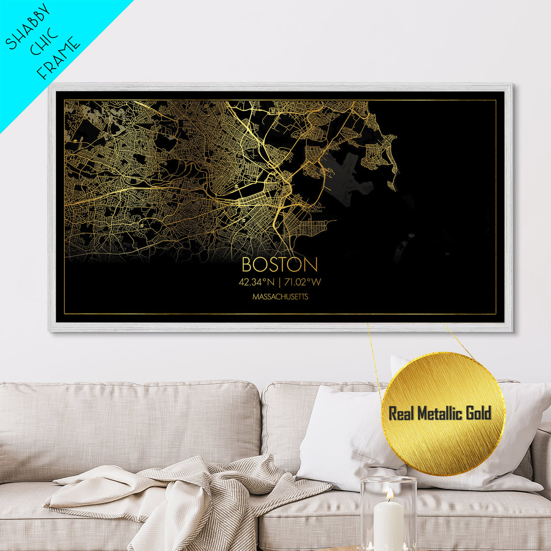 Boston Massachusetts City Poster, Metallic Gold Art, Metal Art, real wood frames, black and gold, Street Map Art, Modern Wall Art