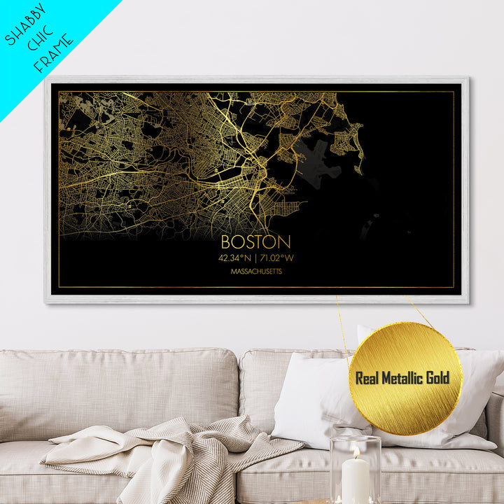 Boston Massachusetts City Poster, Metallic Gold Art, Metal Art, real wood frames, black and gold, Street Map Art, Modern Wall Art