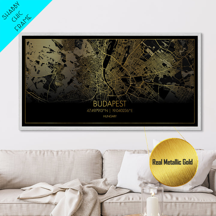 Budapest Hungary City Poster, Metallic Gold Art, Metal Art, real wood frames, black and gold, Street Map Wall Art, Real Wood Frames, Housewarming Gift