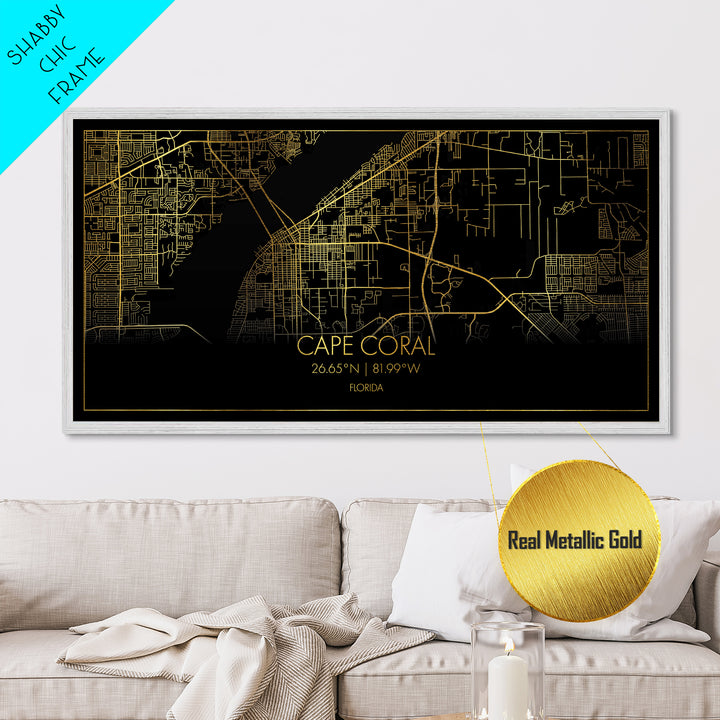 Cape Coral Florida City Poster, Metallic Gold Art, Metal Art, real wood frames, black and gold, Street Map Art, Map Print Poster, Travel Poster