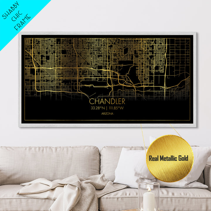 Chandler Arizona City street map, Metallic Gold Print, Metal Art, wood framed map, black and gold, Street Map Art, Housewarming Gift