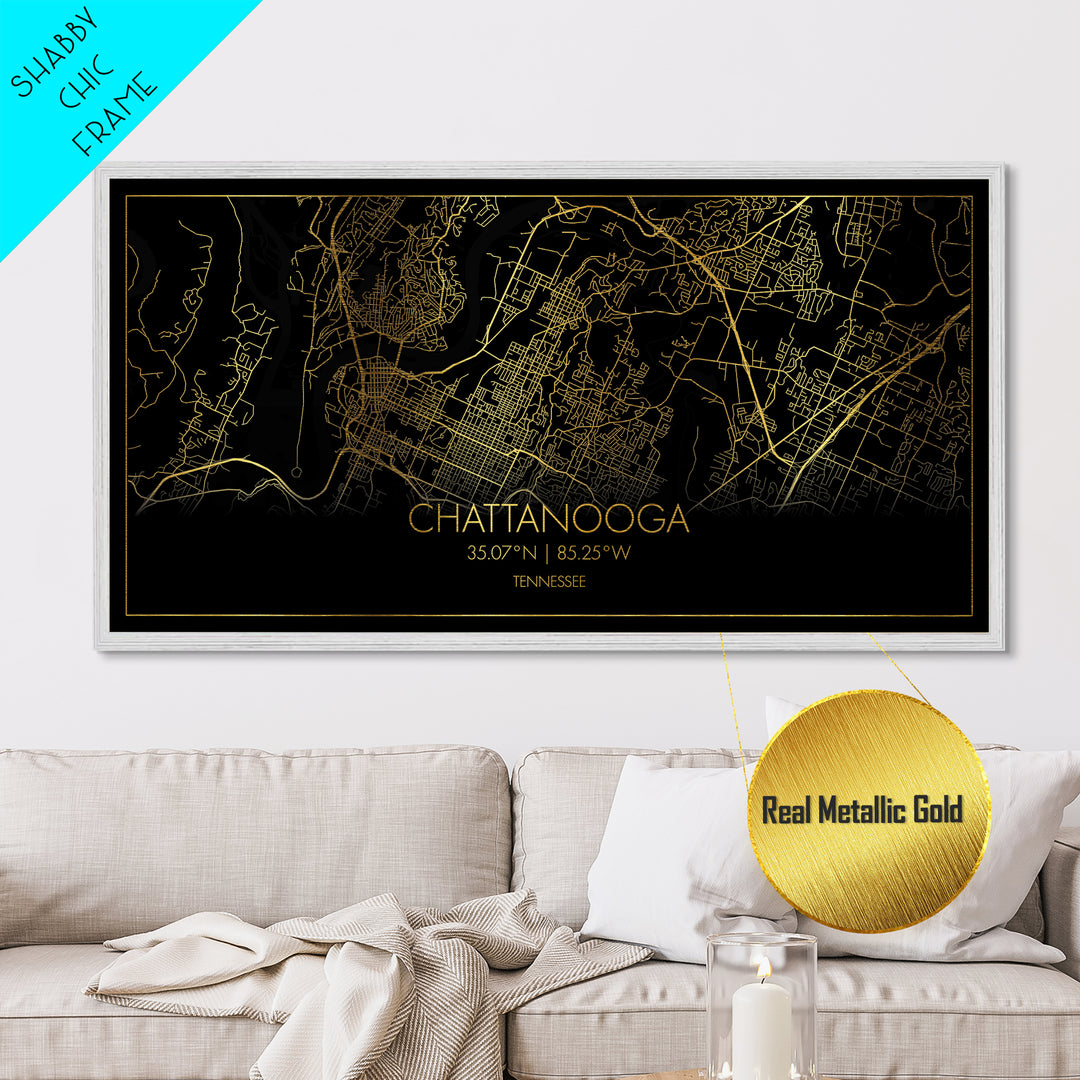 Chattanooga Tennessee City street map, Metallic Gold Print, Metal Art, wood framed map, black and gold, Modern Wall Art, Map Art, Travel Poster