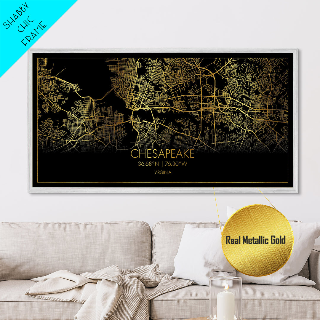 Chesapeake Virginia City Poster, Metallic Gold Art, Metal Art, real wood frames, black and gold, Street Map Art, Minimalist Wall Art, Office Decor
