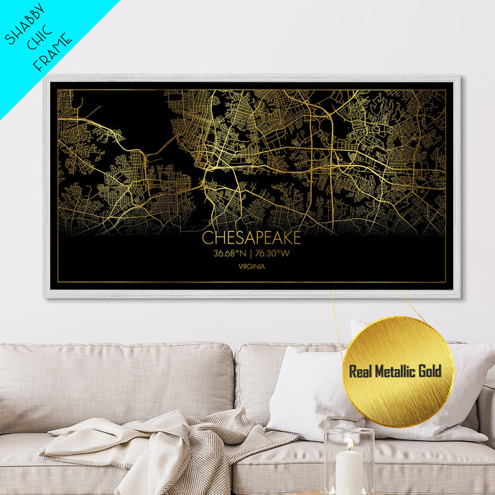 Chesapeake Virginia City Poster, Metallic Gold Art, Metal Art, real wood frames, black and gold, Street Map Art, Minimalist Wall Art, Office Decor