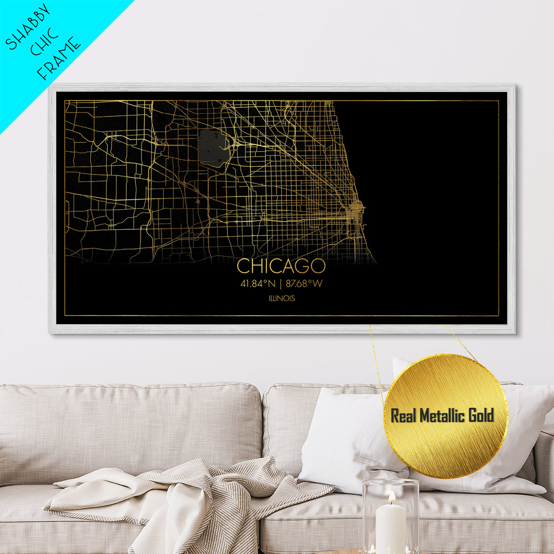 Chicago Illinois City street map, Metallic Gold Print, Metal Art, wood framed map, black and gold, Street Map Wall Art, College Dorm Décor