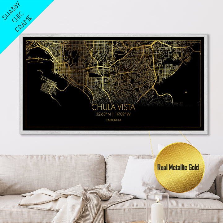 Chula Vista California City Poster, Metallic Gold Art, Metal Art, real wood frames, black and gold, Map Print Poster, Travel Poster, Modern House Art