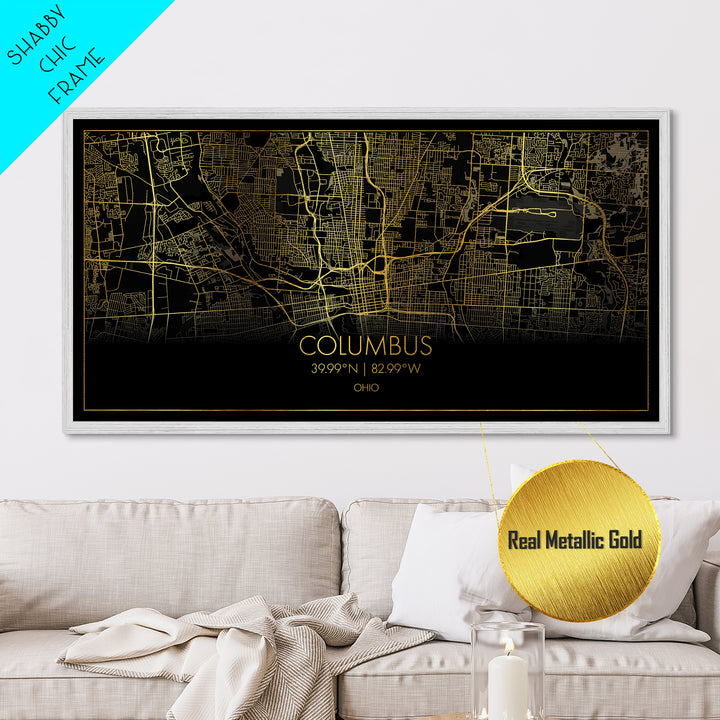 Columbus Ohio City Poster, Metallic Gold Art, Metal Art, real wood frames, black and gold, Street Map Wall Art, Map Art, Real Wood Frames