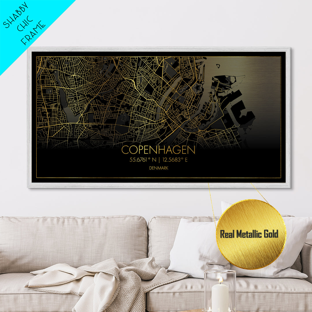 Copenhagen Denmark City street map, Metallic Gold Print, Metal Art, wood framed map, black and gold, Travel Poster, Street Map Art, Modern Wall Art