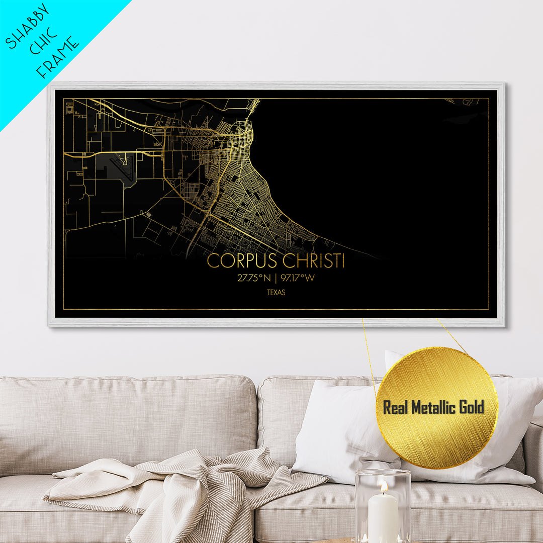 Corpus Christi Texas City Poster, Metallic Gold Art, Metal Art, real wood frames, black and gold, Street Map Art, Gold Street Map Art, Office Decor