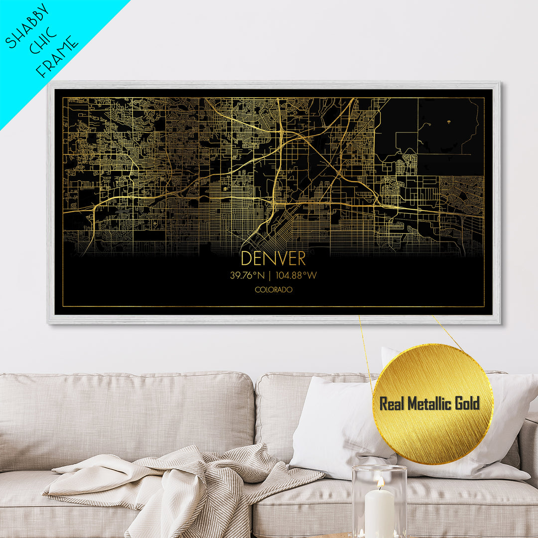 Denver Colorado City street map, Metallic Gold Print, Metal Art, wood framed map, black and gold, Street Map Art, Travel Poster, Modern House Art