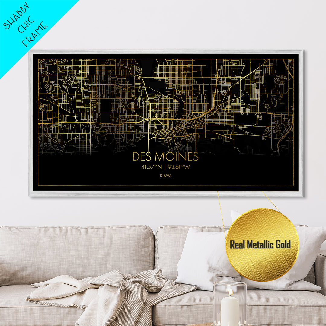 Des Moines Iowa City Poster, Metallic Gold Art, Metal Art, real wood frames, black and gold, Street Map Wall Art, Housewarming Gift, Map Art