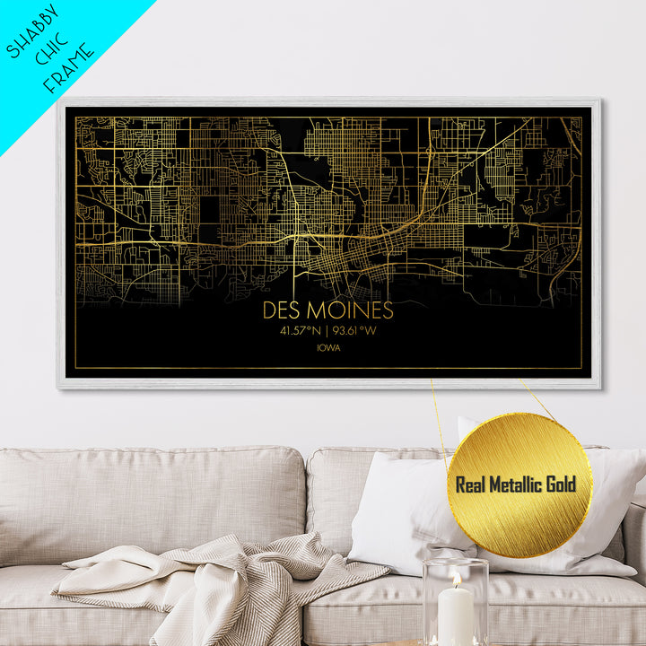 Des Moines Iowa City Poster, Metallic Gold Art, Metal Art, real wood frames, black and gold, Street Map Wall Art, Housewarming Gift, Map Art