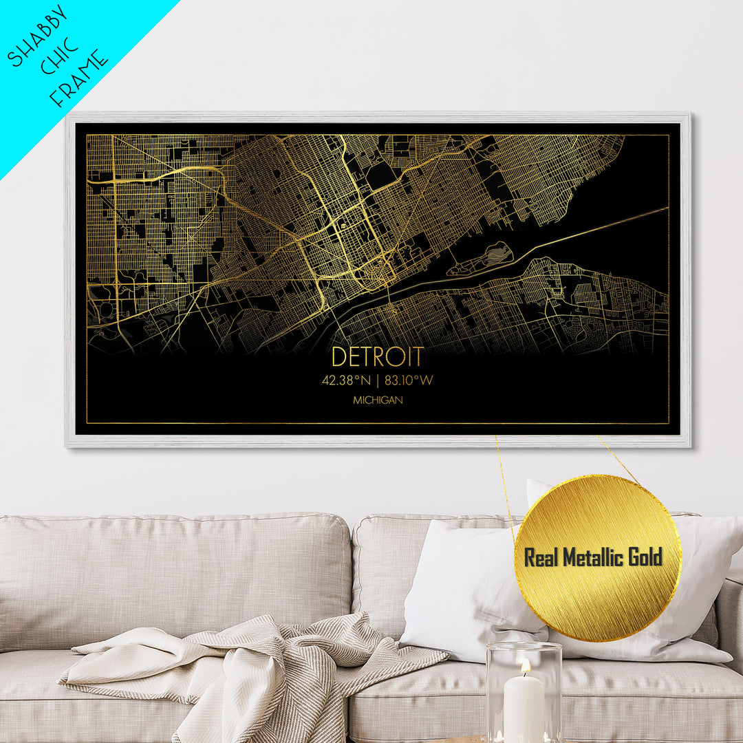 Detroit Michigan City street map, Metallic Gold Print, Metal Art, wood framed map, black and gold, Street Map Art, Map Print Poster