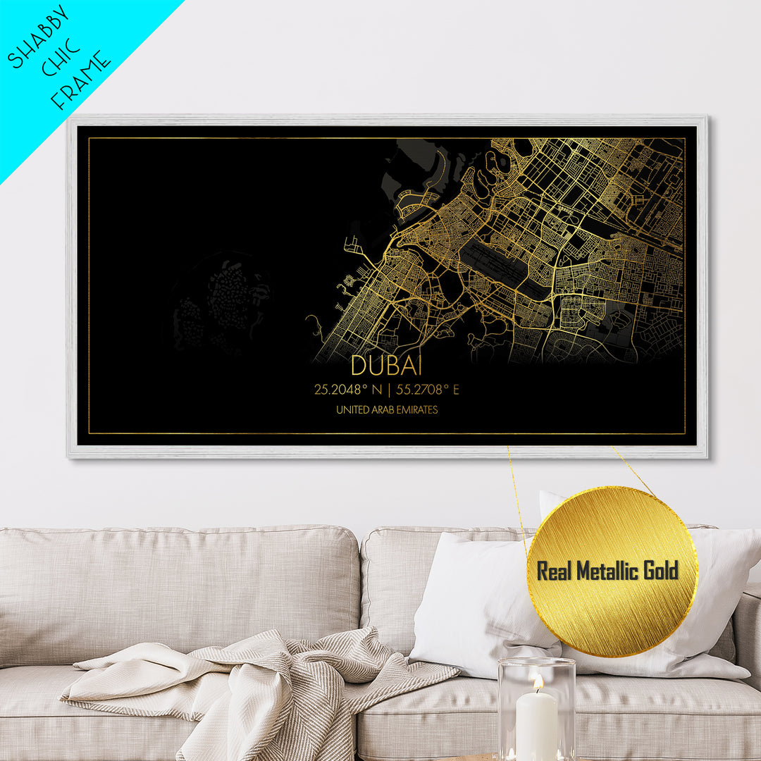Dubai United Arab Emirates City Poster, Metallic Gold Art, Metal Art, real wood frames, black and gold, Street Map Art, Travel Poster, Gold Street Map Art